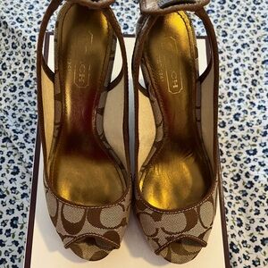 Coach Brown Signature Peep-Toe Slingback Heels with Gold Insole